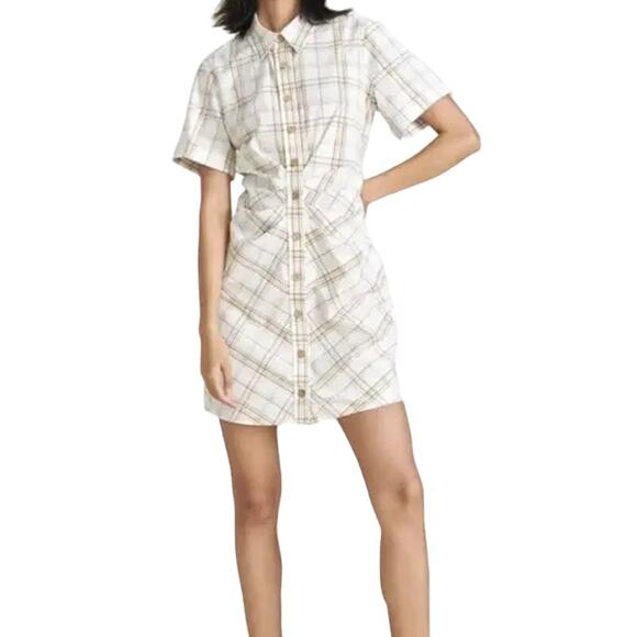 Veronica Beard Jeans White Brown Plaid Shirtdress Tailored Buttons Zipper Mini S - Picture 1 of 16